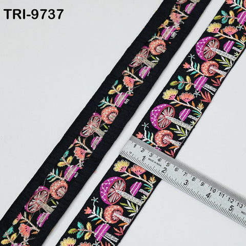 3 Yard Black Indian Embroidery Ribbon Mushroom Sari Border DIY Craft Sewing Bag Straps Regency Reticules Home Decor Junk Journal 5cm Trim