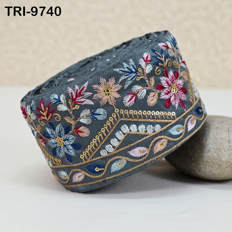 9 Yard Grey Indian Ribbon Trims 8cm Embroidered Decorative Fabric Laces Sari Border Saree Curtains Home Decor Sewing Accessory DIY Crafting