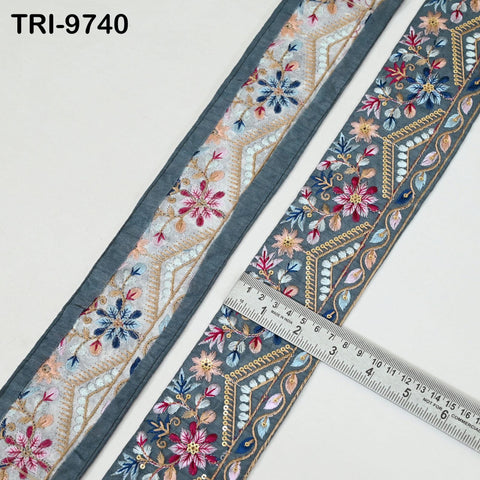 9 Yard Grey Indian Ribbon Trims 8cm Embroidered Decorative Fabric Laces Sari Border Saree Curtains Home Decor Sewing Accessory DIY Crafting