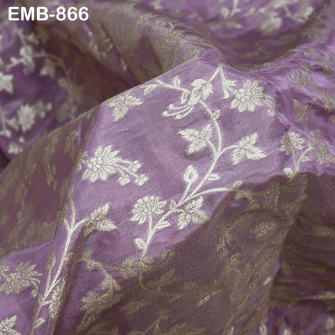 Lavender Gold Embroidery Fabric by the Yard Embroidered Viscose Sewing Indian Wedding Lehenga Skirt Festival Women Dress Material Textile