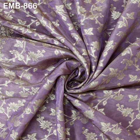 Lavender Gold Embroidery Fabric by the Yard Embroidered Viscose Sewing Indian Wedding Lehenga Skirt Festival Women Dress Material Textile