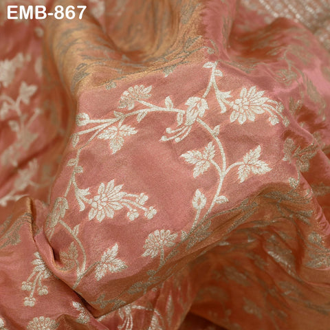 Peach Gold Embroidery Fabric by Yard Embroidered Viscose Sewing Indian Wedding Lehenga Skirt Diwali Festival Women Dress Material Textile