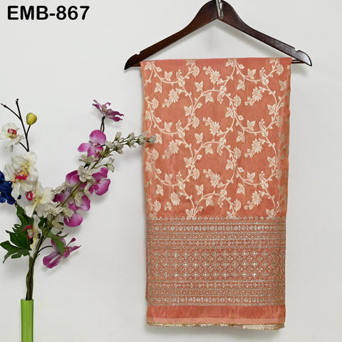 Peach Gold Embroidery Fabric by Yard Embroidered Viscose Sewing Indian Wedding Lehenga Skirt Diwali Festival Women Dress Material Textile