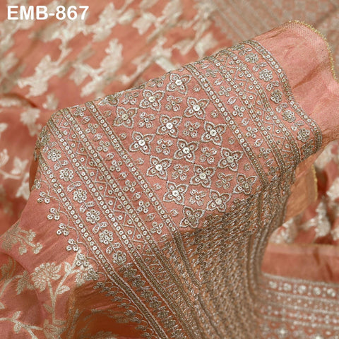 Peach Gold Embroidery Fabric by Yard Embroidered Viscose Sewing Indian Wedding Lehenga Skirt Diwali Festival Women Dress Material Textile