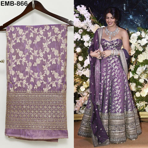 Lavender Gold Embroidery Fabric by the Yard Embroidered Viscose Sewing Indian Wedding Lehenga Skirt Festival Women Dress Material Textile