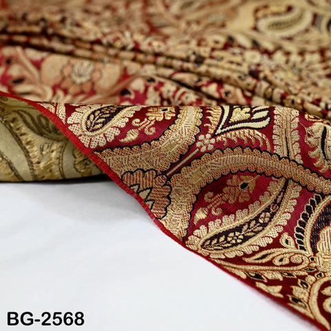 Maroon Brocade Fabric by Yard Historic Costume Indian Banarasi Wedding Dress Material Banaras Knee Length Coat Sewing Upholstery Drapery