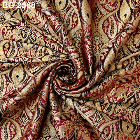 Maroon Brocade Fabric by Yard Historic Costume Indian Banarasi Wedding Dress Material Banaras Knee Length Coat Sewing Upholstery Drapery