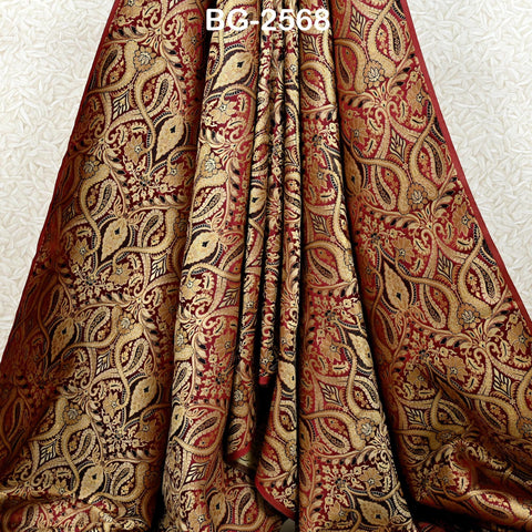 Maroon Brocade Fabric by Yard Historic Costume Indian Banarasi Wedding Dress Material Banaras Knee Length Coat Sewing Upholstery Drapery