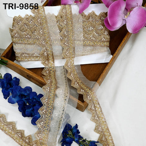 Dyeable Organza Lace Border - Gold Trim by 3 Yard Indian Laces – Gold Zari Handmade Trim for Bridal Sarees, Dupattas Indian Trim for Lehenga