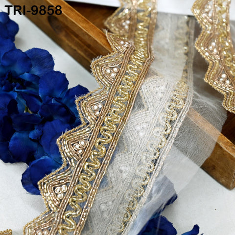 Dyeable Organza Lace Border - Gold Trim by 3 Yard Indian Laces – Gold Zari Handmade Trim for Bridal Sarees, Dupattas Indian Trim for Lehenga