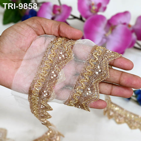 Dyeable Organza Lace Border - Gold Trim by 3 Yard Indian Laces – Gold Zari Handmade Trim for Bridal Sarees, Dupattas Indian Trim for Lehenga