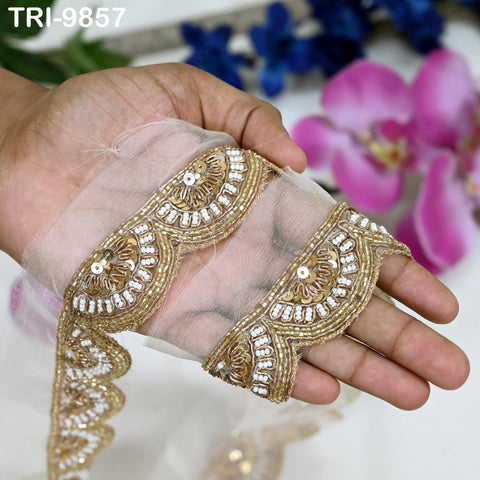 Handmade Gold Embroidered Saree Border on Dyeable Organza – Indian Handmade Trim for Dupatta & Lehenga - Trim by 3 Yard bridal couture Lace