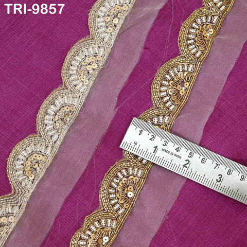 Handmade Gold Embroidered Saree Border on Dyeable Organza – Indian Handmade Trim for Dupatta & Lehenga - Trim by 3 Yard bridal couture Lace