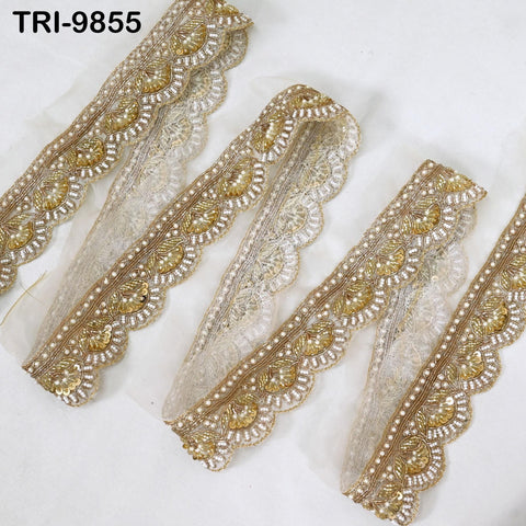 Handmade Gold Embroidered Saree Border on Dyeable Organza – Indian Handmade Trim for Dupatta & Lehenga - Scallop Edge bridal Trim by 3 Yard