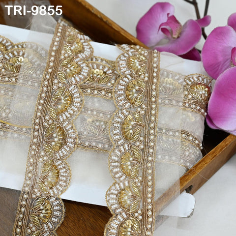 Handmade Gold Embroidered Saree Border on Dyeable Organza – Indian Handmade Trim for Dupatta & Lehenga - Scallop Edge bridal Trim by 3 Yard