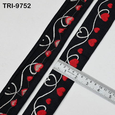 1 Meter Black Embroidery Ribbon Trim Hearts Indian Sari Border DIY Crafting Sewing Bag Straps for Kids Junk Journals Pet Accessories 5 cm