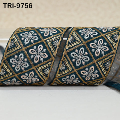 3 Yard Teal Green Border Embroidered Crafting Sewing Lampshade Home Decor Junk Journals Costumes Embroidery Ribbons Indian Sari Trimming 6cm