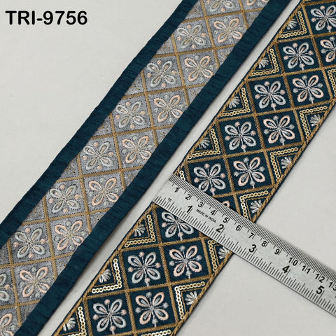 3 Yard Teal Green Border Embroidered Crafting Sewing Lampshade Home Decor Junk Journals Costumes Embroidery Ribbons Indian Sari Trimming 6cm