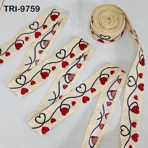 9 Yard Ivory Embroidery Ribbon Trim Hearts Indian Sari Border DIY Crafting Sewing Bag Straps for Kids Junk Journals Pet Accessories 5 cm