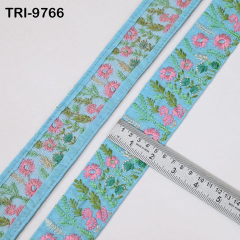 9 Yard Embroidery Ribbons Sari Border Trims Embroidered Victorian Costumes Junk Journals Sewing Crafting Shoe making Turquoise Blue 5cm