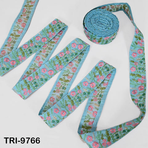 9 Yard Embroidery Ribbons Sari Border Trims Embroidered Victorian Costumes Junk Journals Sewing Crafting Shoe making Turquoise Blue 5cm