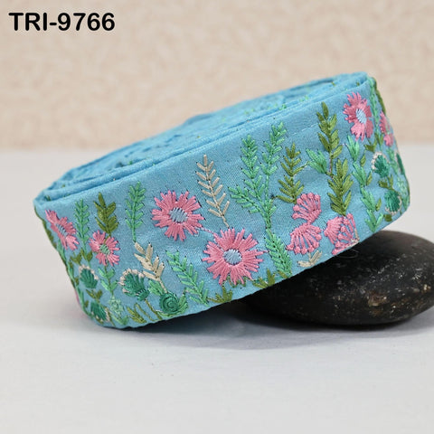 9 Yard Embroidery Ribbons Sari Border Trims Embroidered Victorian Costumes Junk Journals Sewing Crafting Shoe making Turquoise Blue 5cm