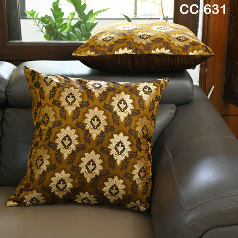 Brown Brocade Cushion Cover 20 Inch | Silk Throw Pillow | Traditional Indian Decorative Pillowcase | Sofa Decor | Festive Housewarming Gift