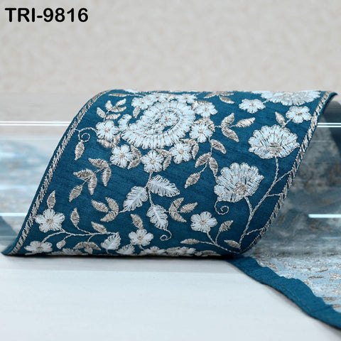 9 Yard Teal Embroidery Trim Indian Embroidered Ribbon Laces Fabric Sari Border Crafting Saree Sewing Embellishment Costumes Trimmings 10 cm