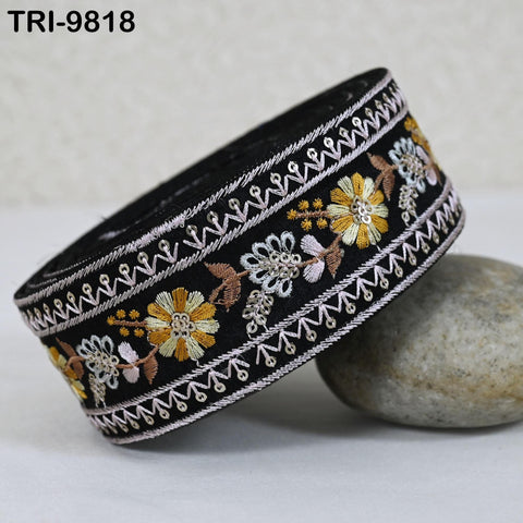 9 Yard Black Embroidery Ribbon 4 cm Trim Embellishment Sari Sewing Crafting Border Indian Embroidered Trimming Cushion Laces Home Decor