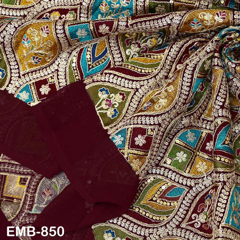 Maroon Indian Embroidery Fabric by the Yard Embroidered Georgette Sewing Curtain DIY Crafting Summer Women Dress Material Drapery Home Decor