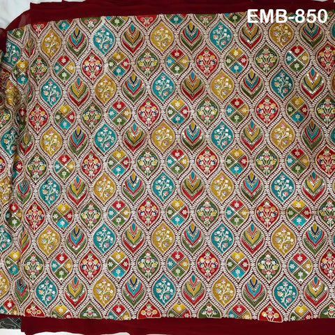 Maroon Indian Embroidery Fabric by the Yard Embroidered Georgette Sewing Curtain DIY Crafting Summer Women Dress Material Drapery Home Decor