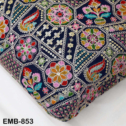 Blue Indian Embroidery Fabric by the Yard Embroidered Georgette Sewing Curtain DIY Crafting Summer Women Dress Material Drapery Home Decor