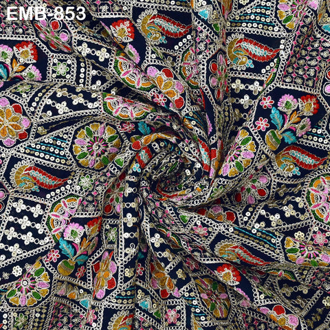 Blue Indian Embroidery Fabric by the Yard Embroidered Georgette Sewing Curtain DIY Crafting Summer Women Dress Material Drapery Home Decor