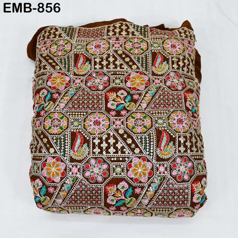 Brown Indian Embroidery Fabric by the Yard Embroidered Georgette Sewing Curtain DIY Crafting Summer Women Dress Material Drapery Home Decor