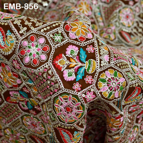 Brown Indian Embroidery Fabric by the Yard Embroidered Georgette Sewing Curtain DIY Crafting Summer Women Dress Material Drapery Home Decor