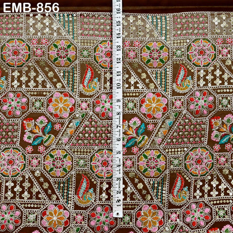 Brown Indian Embroidery Fabric by the Yard Embroidered Georgette Sewing Curtain DIY Crafting Summer Women Dress Material Drapery Home Decor