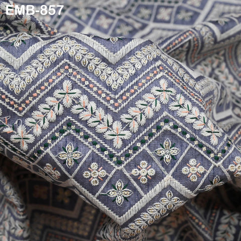 Grey Embroidered Fabric by the yard Sewing Indian Embroidery Cloth Wedding Dress Costumes Regency Reticules Victorian Handbags Junk Journals