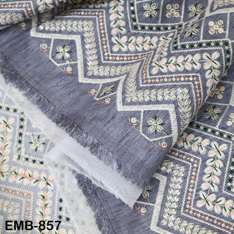 Grey Embroidered Fabric by the yard Sewing Indian Embroidery Cloth Wedding Dress Costumes Regency Reticules Victorian Handbags Junk Journals