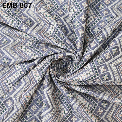 Grey Embroidered Fabric by the yard Sewing Indian Embroidery Cloth Wedding Dress Costumes Regency Reticules Victorian Handbags Junk Journals