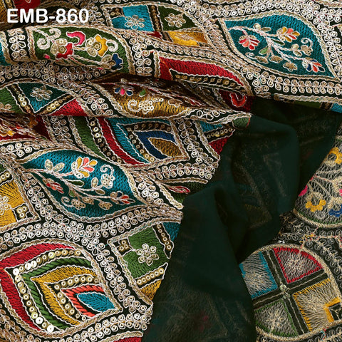 Green Indian Embroidery Fabric by the Yard Embroidered Georgette Sewing Curtain DIY Crafting Summer Women Dress Material Drapery Home Decor