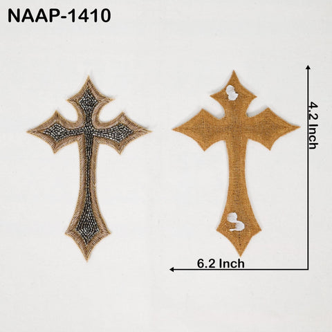 2 Pcs Grey Zari Embroidered Cross Appliques | Handcrafted Religious Patches | Sew-On Embellishment Vestments, Church Decor, Costumes, Crafts
