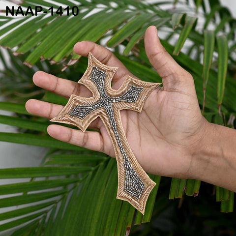 2 Pcs Grey Zari Embroidered Cross Appliques | Handcrafted Religious Patches | Sew-On Embellishment Vestments, Church Decor, Costumes, Crafts