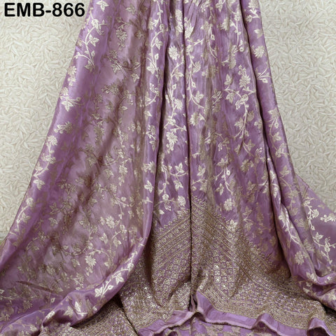 Lavender Gold Embroidery Fabric by the Yard Embroidered Viscose Sewing Indian Wedding Lehenga Skirt Festival Women Dress Material Textile