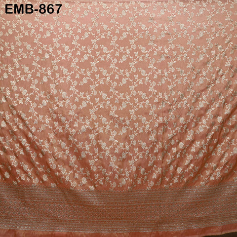 Peach Gold Embroidery Fabric by Yard Embroidered Viscose Sewing Indian Wedding Lehenga Skirt Diwali Festival Women Dress Material Textile