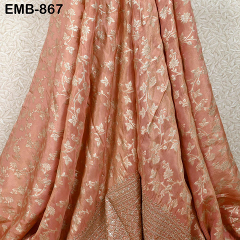 Peach Gold Embroidery Fabric by Yard Embroidered Viscose Sewing Indian Wedding Lehenga Skirt Diwali Festival Women Dress Material Textile