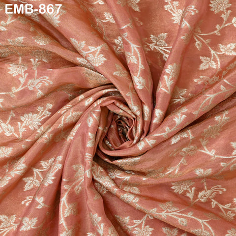 Peach Gold Embroidery Fabric by Yard Embroidered Viscose Sewing Indian Wedding Lehenga Skirt Diwali Festival Women Dress Material Textile