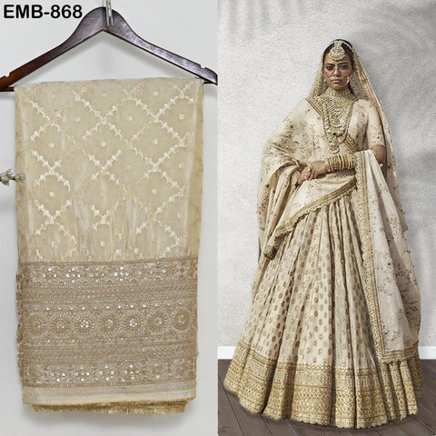 Champagne Embroidery Fabric by the Yard Embroidered Sewing Indian Wedding Sabhyasachi Lehenga Skirt Diwali Festival Women Dress Material