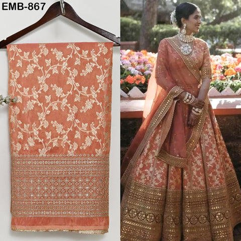 Peach Gold Embroidery Fabric by Yard Embroidered Viscose Sewing Indian Wedding Lehenga Skirt Diwali Festival Women Dress Material Textile
