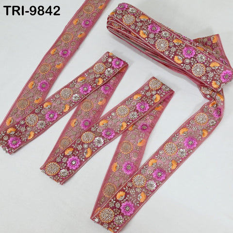 9 Yard Pink Embroidery Ribbon Beaded Trims Sari Border DIY Craft Lampshade Regency Reticules Victorian Handbags Junk Journal 5cm Indian