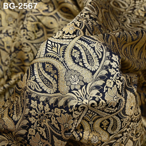 Black Brocade Fabric by Yard Historic Costume Indian Banarasi Wedding Dress Material Banaras Knee Length Coat Sewing Upholstery Drapery